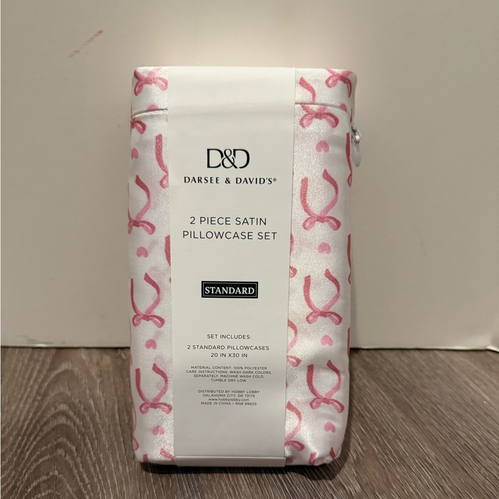 Pink Hearts & Bows Satin Pillowcases- Set of 2 Standard Cases- NWT